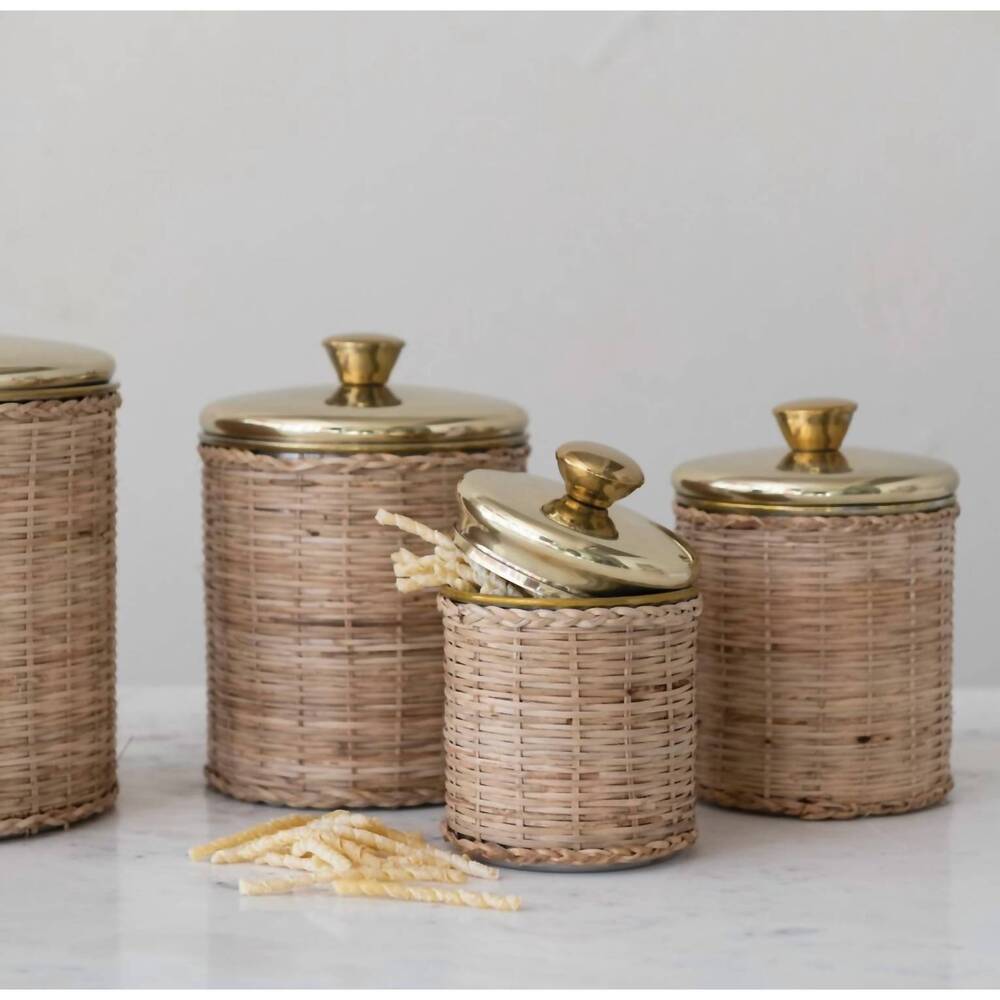 NEW CREATIVE CO-OP rattan wrapped stainless steel canisters - set of 4 in brown